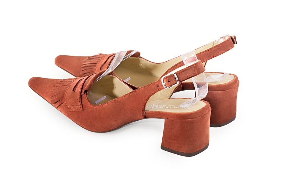 French elegance and refinement for these terracotta orange dress slingback shoes, 
                available in many subtle leather and colour combinations. Fans of originality will appreciate the fringes and the "Offbeat Rock" side.
To be personalized or not, with your materials and colors.  
                Matching clutches for parties, ceremonies and weddings.   
                You can customize these shoes to perfectly match your tastes or needs, and have a unique model.  
                Choice of leathers, colours, knots and heels. 
                Wide range of materials and shades carefully chosen.  
                Rich collection of flat, low, mid and high heels.  
                Small and large shoe sizes - Florence KOOIJMAN